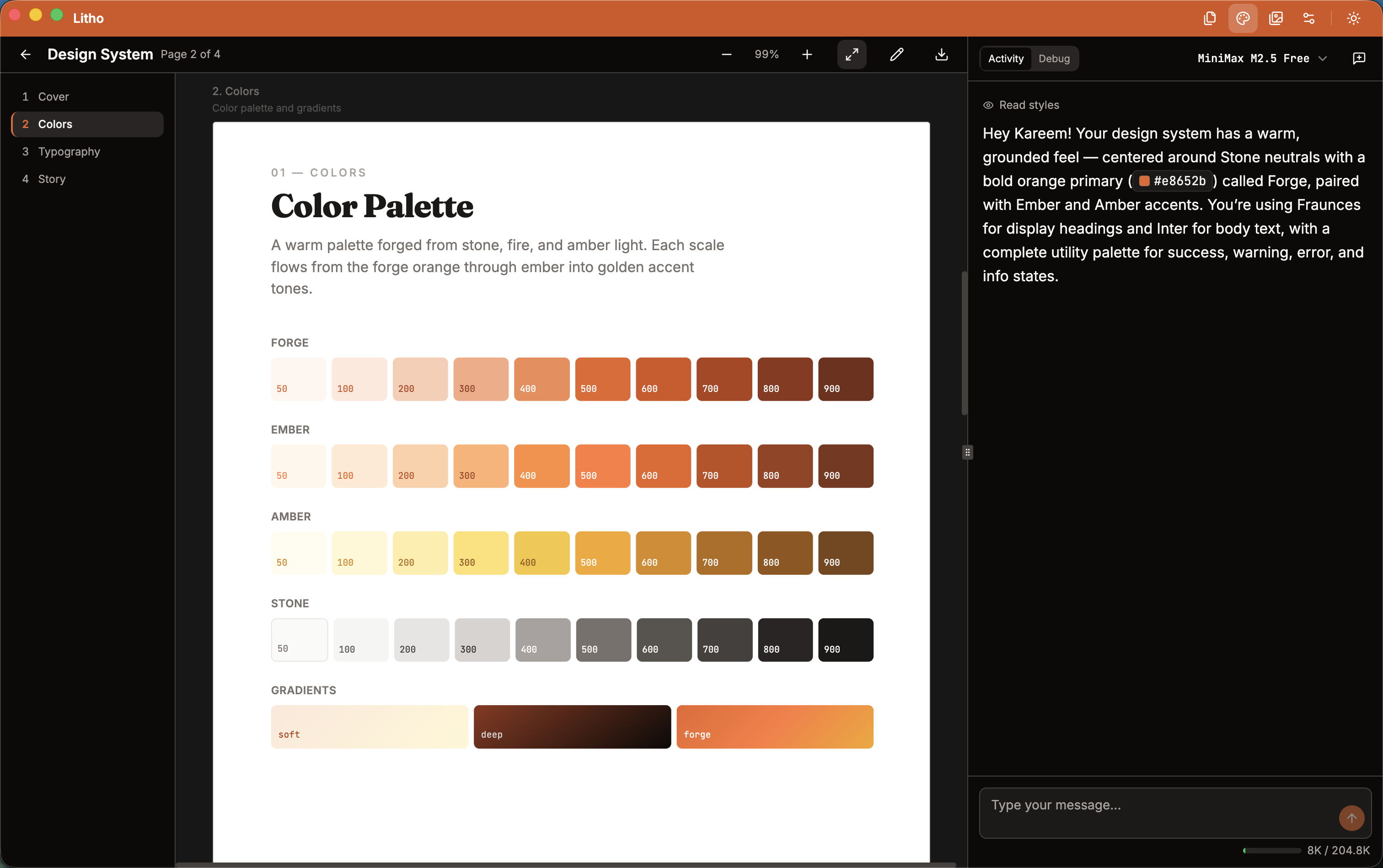 Litho design system editor showing brand color palette with Forge, Ember, Amber, and Stone scales