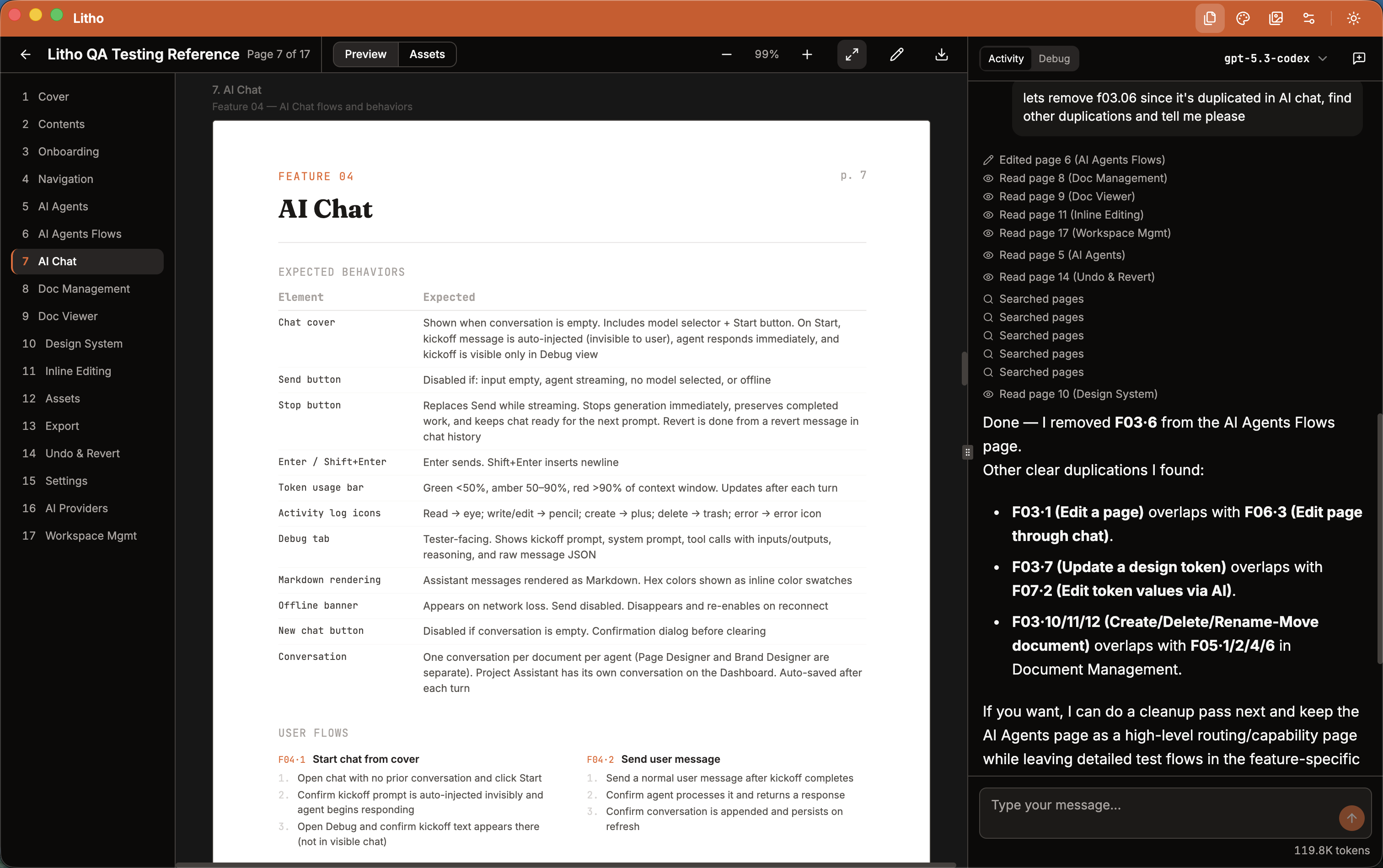 Litho document editor with AI chat panel creating and managing a multi-page document