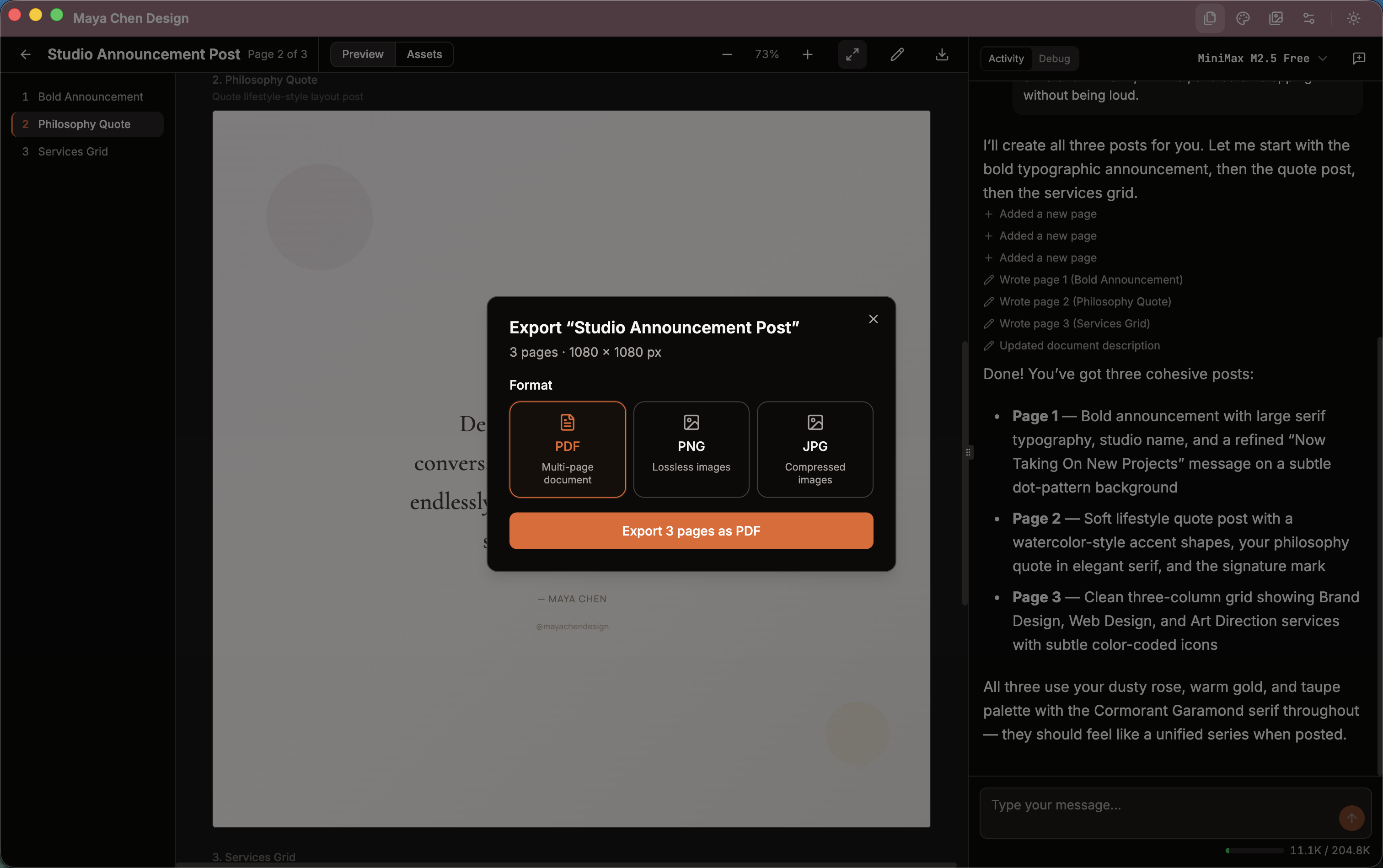 Litho export dialog showing PDF, PNG, and JPG format options with page selection